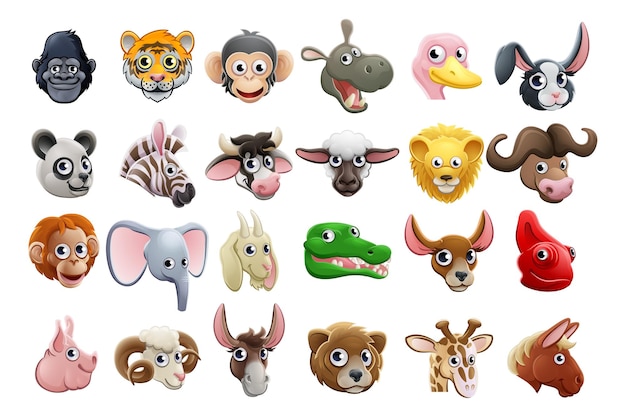 Conjunto de ícones de rostos de animais de desenho animado
