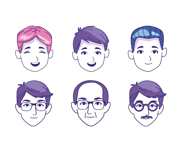 Conjunto de ícones de rostos de homens dos desenhos animados de diferentes idades