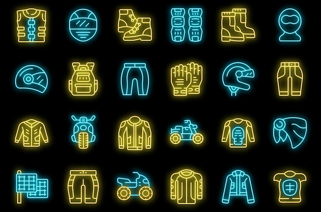 Conjunto de ícones de roupas de motociclista neon vector