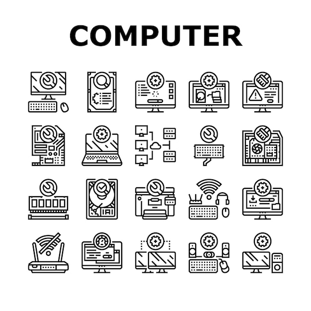 Conjunto de ícones de serviço de computador pc reparo vetor hardware técnico suporte tecnologia engenheiro manutenção placa-mãe laptop reparo computador pc serviço ilustrações de contorno preto