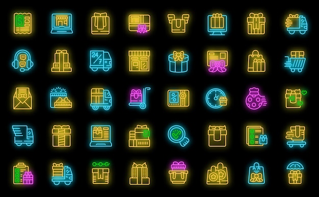 Conjunto de ícones de serviço de entrega de presentes vetor neon