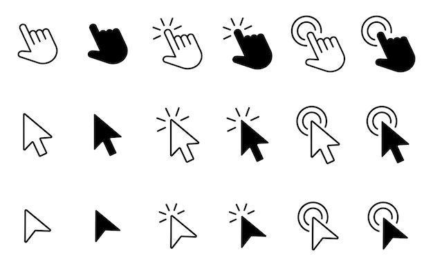 Conjunto de ícones de seta preta do cursor do mouse do computador e ícones de carregamento Ilustração vetorial do ícone do cursor