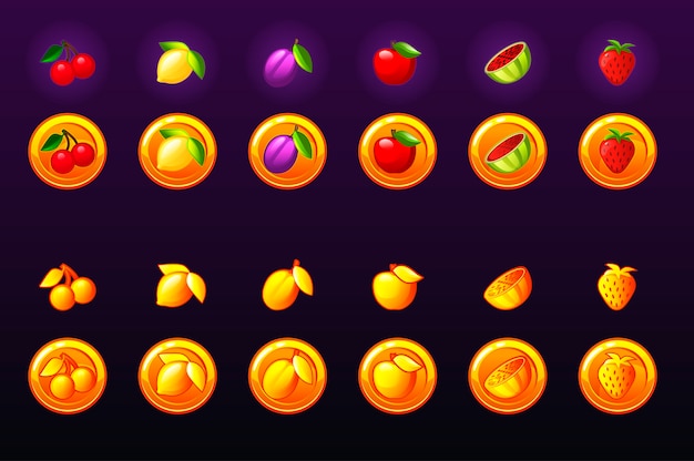 Conjunto de ícones de slots de frutas. ícone de moeda de ouro do jogo. cassino de jogo, caça-níqueis, interface do usuário. ícones em camadas separadas.