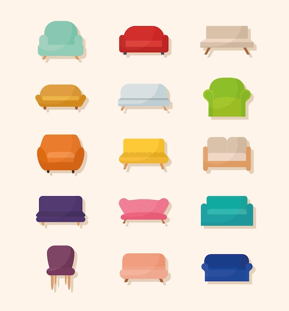 Conjunto de ícones de sofás em uma ilustração de fundo bege