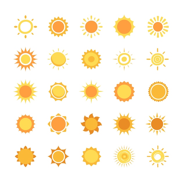 Conjunto de ícones de sol amarelo ilustração desenhada à mão
