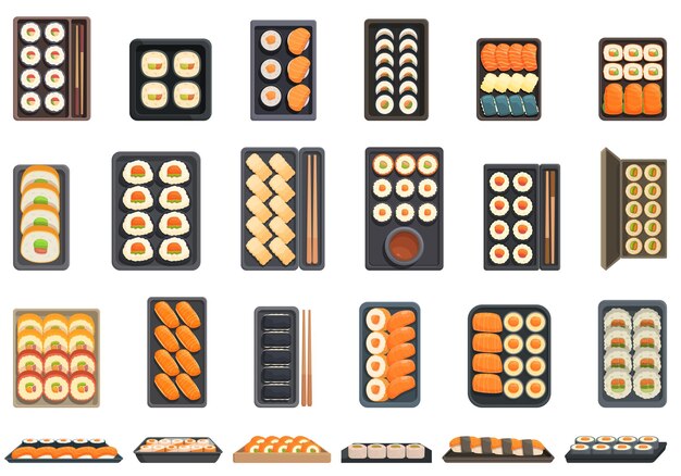 Conjunto de ícones de sushi para viagem vetor de desenho animado Pacote de comida