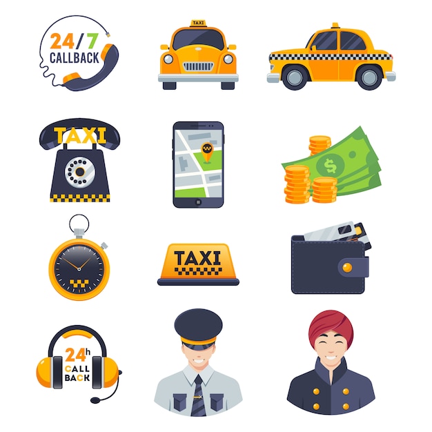 Conjunto de ícones de táxi plana com motorista de ordem isolado no branco