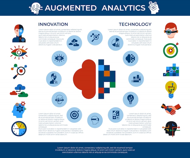 Conjunto de ícones de tecnologia de análise e inovação aumentada
