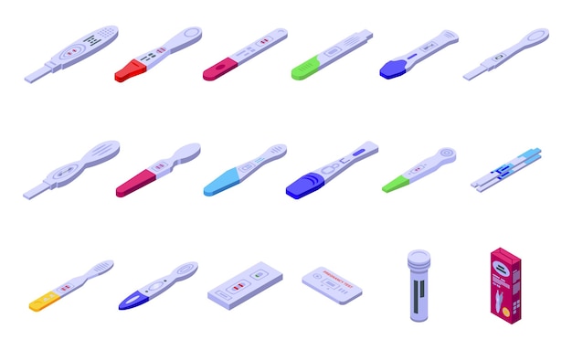 Vetor conjunto de ícones de teste de gravidez isométrico kit de análise de vetor