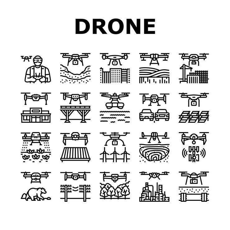 Vetor conjunto de ícones de uso comercial de drone vetor operador de pesquisa da indústria meteorológico inspetor de segurança terra cidade agricultura drone digital uso comercial ilustrações de contorno preto