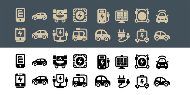 conjunto de ícones de veículos elétricos com estação de carregamento e bateria
