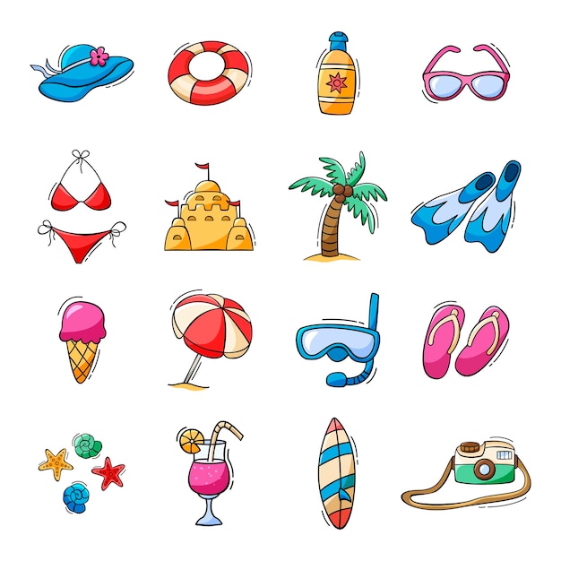 Conjunto de ícones de verão desenhado à mão em estilo doodle