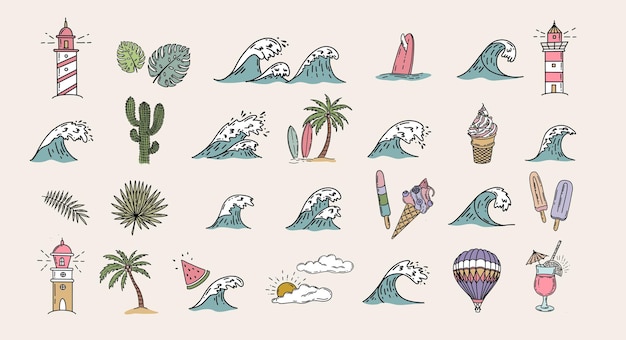 Conjunto de ícones de verão, ilustração desenhada à mão.