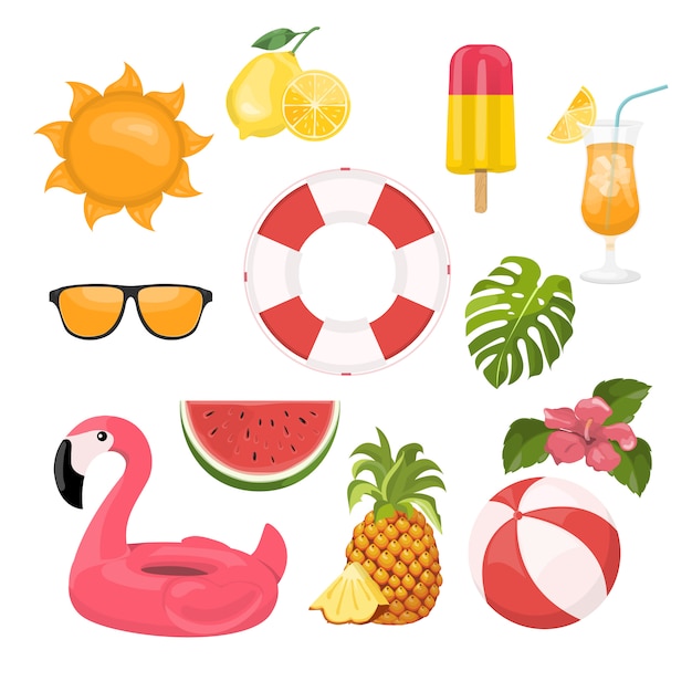 Vetor conjunto de ícones de verão, sorvete, bebidas, folhas de palmeira, frutas e flamingo.