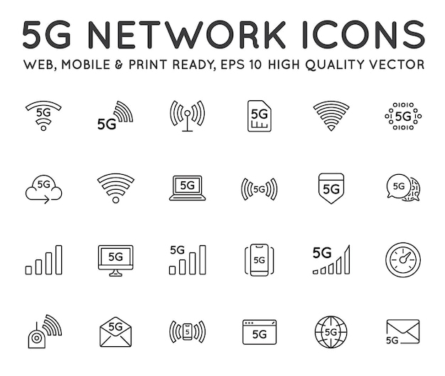 Conjunto de ícones de vetor de traço de linha simples nova rede móvel de 5ª geração 5g sistemas sem fio de conexão de alta velocidade