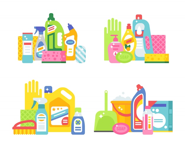 Vetor conjunto de ícones de vetor plana higiene e produtos de limpeza de casa