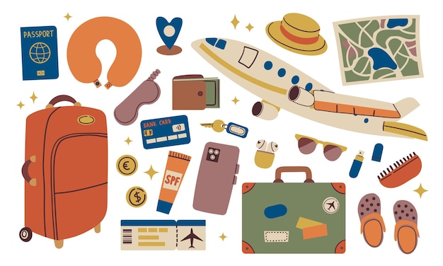 Conjunto de ícones de viagem conceito de viagem conjunto de objetos de viagem isolados em branco desenhado à mão doodle ilustração plana para banner de cartão e design web