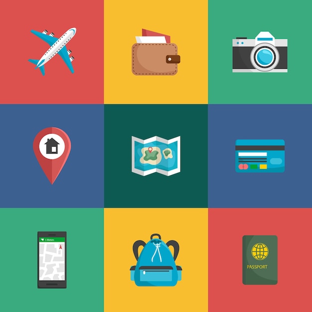 Conjunto de ícones de viagem vetoriais planos desenhados à mão
