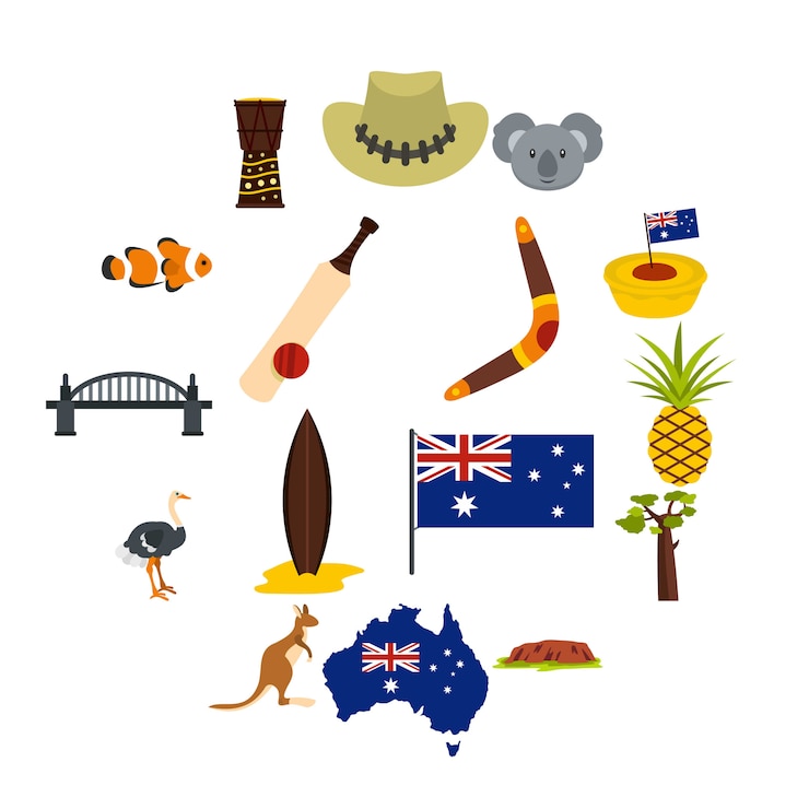 Vetor conjunto de ícones de viagens austrália em estilo simples
