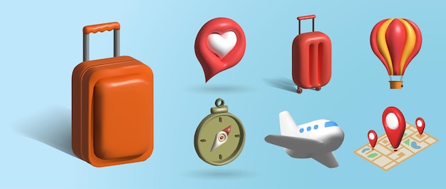 Vetor conjunto de ícones de viagens e férias 3d com bússola de avião de mala