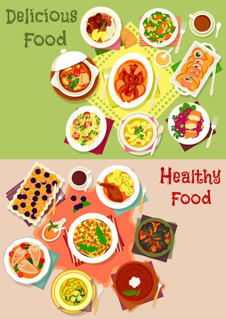 Conjunto de ícones de vista superior de pratos de jantar para design de alimentos