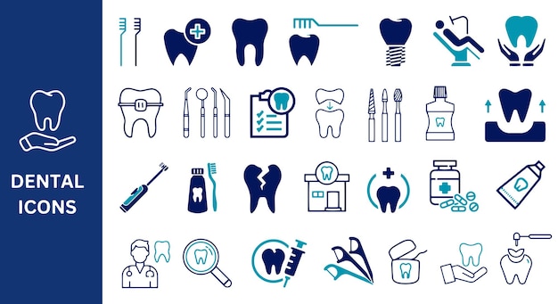 Conjunto de ícones dentários Escova de dentes dentes dentista pasta de dentes e ícones de odontologia