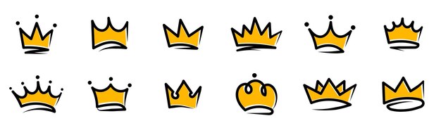Vetor conjunto de ícones desenhados à mão de coroas coleção de coroas doodle