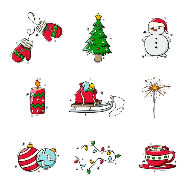 Conjunto de ícones desenhados à mão de decorações de natal em estilo doodle doodles de natal e ano novo