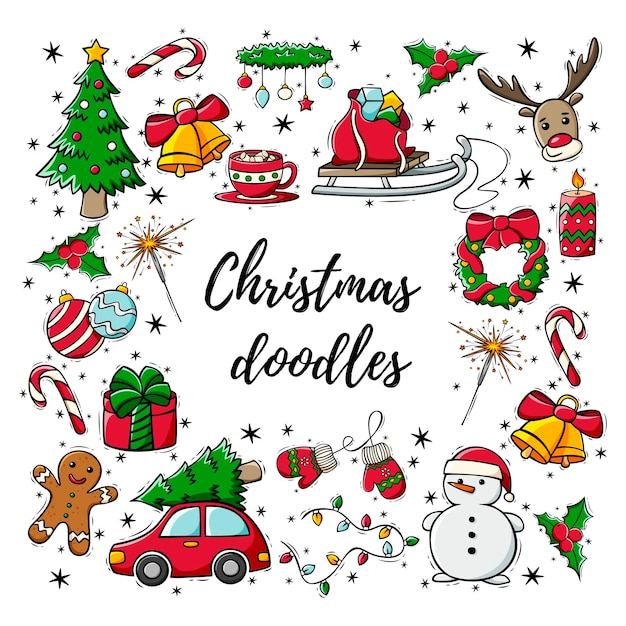 Conjunto de ícones desenhados à mão de decorações de natal em estilo doodle doodles de natal e ano novo