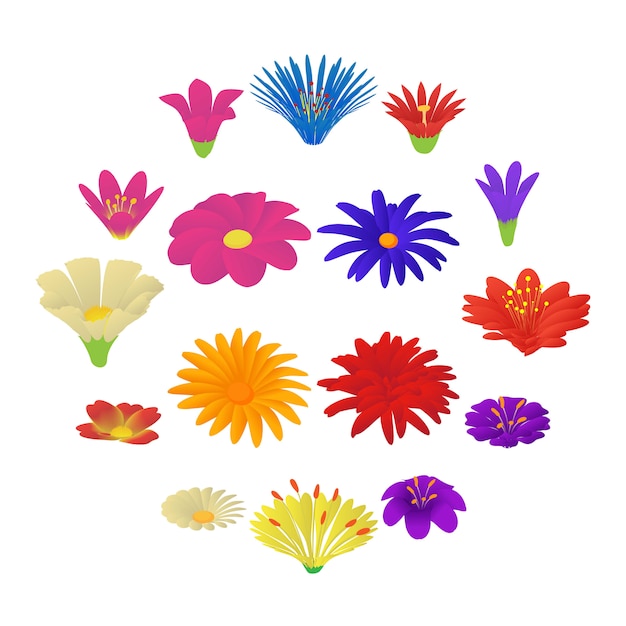 Conjunto de ícones detalhados de flores, estilo cartoon