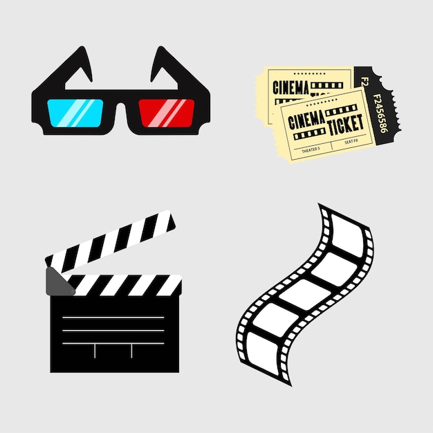 Conjunto de ícones do cinema abra a claquete tira de filme de filme de bilhete no fundo cinza