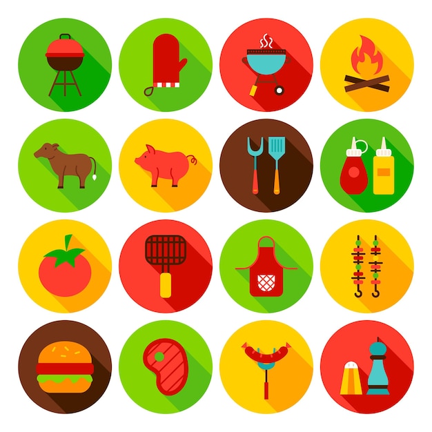 Conjunto de ícones do círculo de comida de churrasco. Ilustração em vetor Design plano. Coleção de símbolos da web.