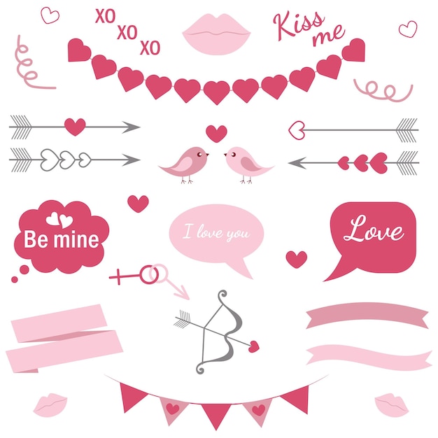 Conjunto de ícones do dia dos namorados. coleção de elementos de design com corações, pássaros, flechas, balões de fala.