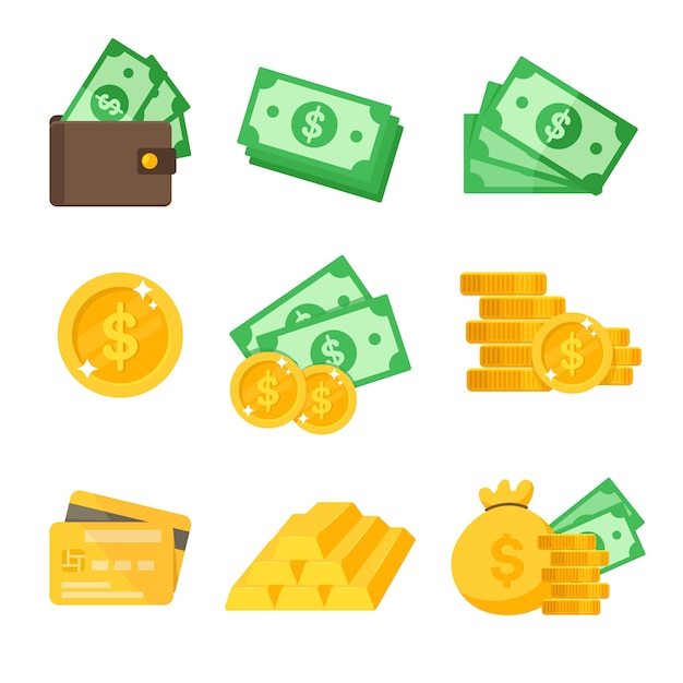 Vetor conjunto de ícones do dólar. vetor de valor em dólar carteira e cartão de crédito ideias para gastar dinheiro.