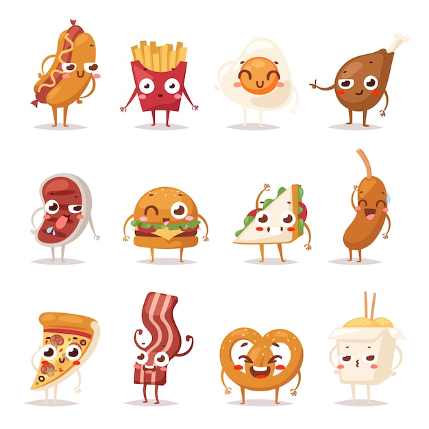 Conjunto de ícones do fast-food emoticon colorido rosto design plano. personagem de elementos engraçados emoticon fast-food. personagens de fast-food de coleção de emoções diferentes sorriam divertido bacon bife saudável.