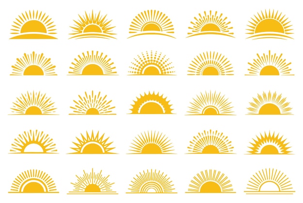 Conjunto de ícones do sol em um fundo branco arte digital desenhada à mão design de ícones de ilustração vetorial