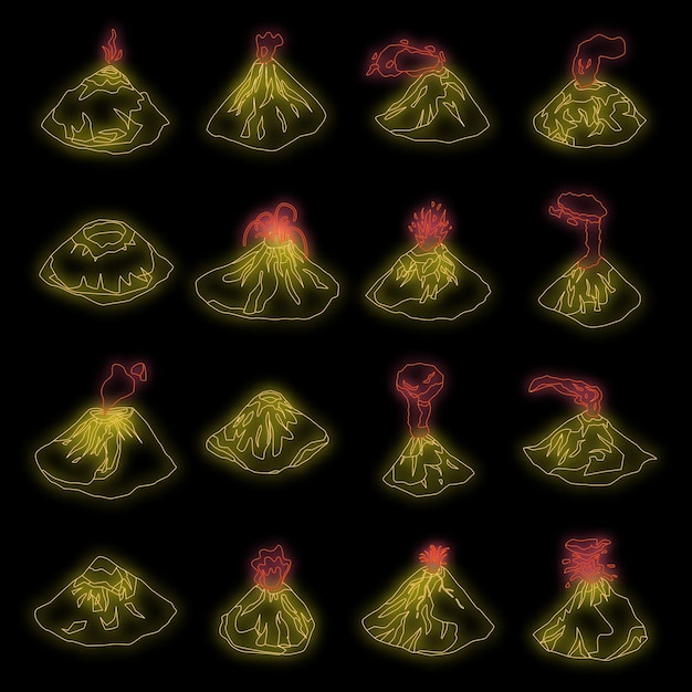 Conjunto de ícones do vulcão vector neon