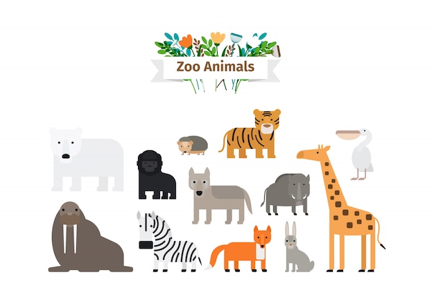 Conjunto de ícones do zoo animais design plano