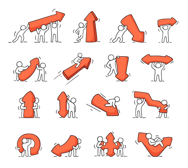 Conjunto de ícones dos desenhos animados de desenho trabalhando pequenas pessoas com setas.