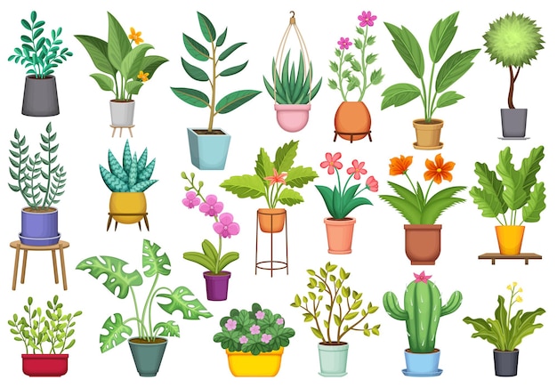 Conjunto de ícones dos desenhos animados de vaso de flores.