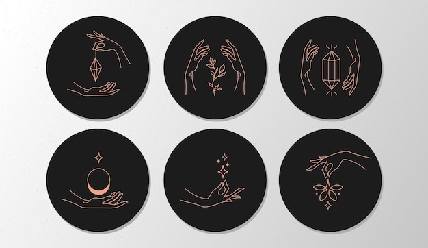 Conjunto de ícones e emblemas para capas de notícias de mídia social com cristais de mãos místicas e modelos de design de lótus para salões de beleza de turismo de astrólogo de estúdio de ioga