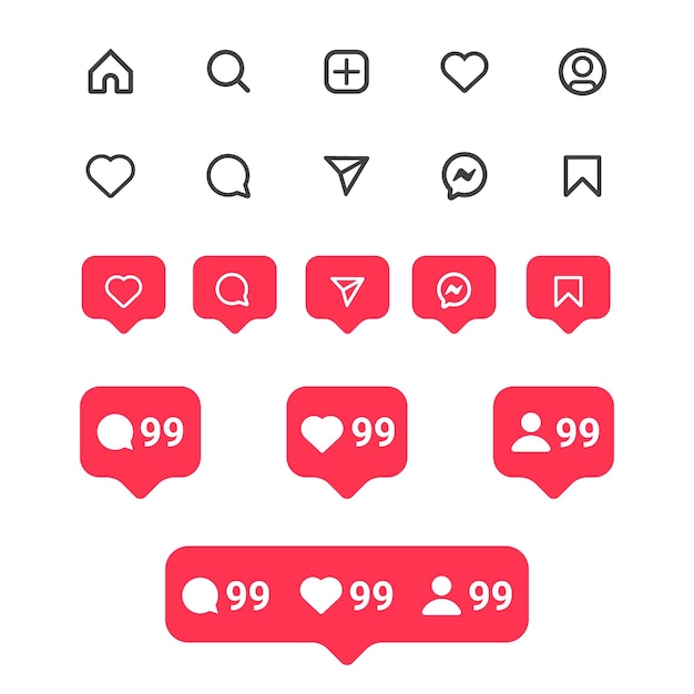 Conjunto de ícones e notificações do instagram plana