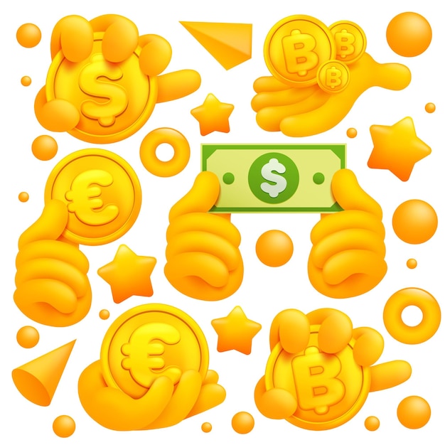 Conjunto de ícones e símbolos de mão emoji amarelo. Dólar, sinais de moedas de ouro do bitcoin do euro.