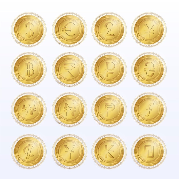 Conjunto de ícones e símbolos de moeda dolden Dinheiro eletrônico Criptomoeda Moeda digital global