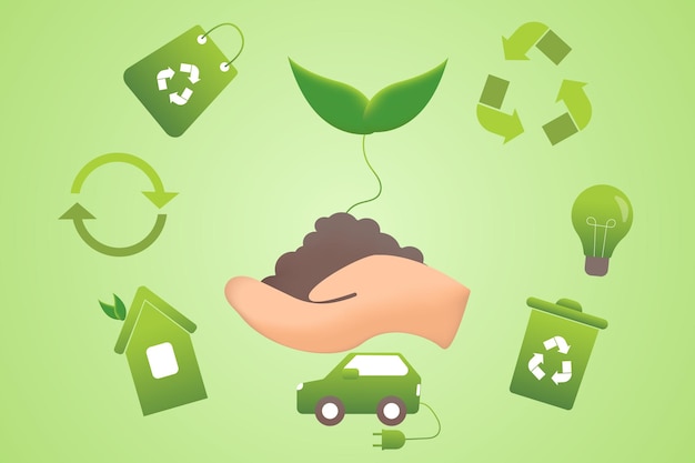 Conjunto de ícones ecologicamente corretos reciclando layout mão com símbolos de planta e meio ambiente em fundo verde eco ilustração vetorial