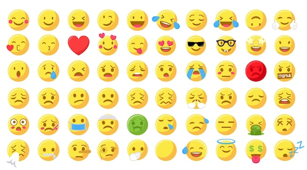 Vetor conjunto de ícones emoticons emoji smile no estilo cartoon