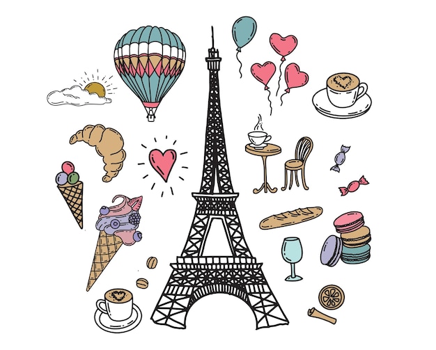 Conjunto de ícones franceses desenhados à mão, ilustração de esboço de Paris. Vetor.