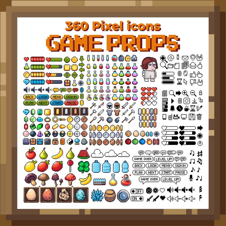 Vetor conjunto de ícones gráficos de pixel de 8 bits ilustração em vetor isolada arte do jogo armas joias