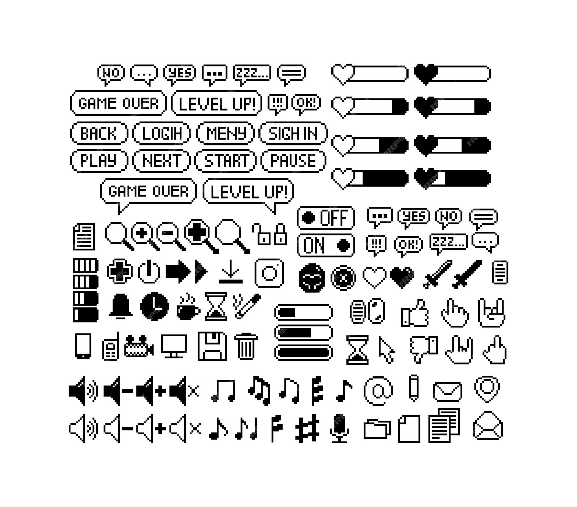 Conjunto de ícones de jogo de pixel art de 8 bits. Conjunto de pixels