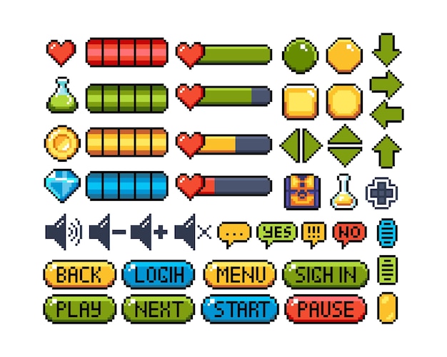 Conjunto de ícones gráficos de pixel de 8 bits, ilustração vetorial, interface de jogo, botão de navegação